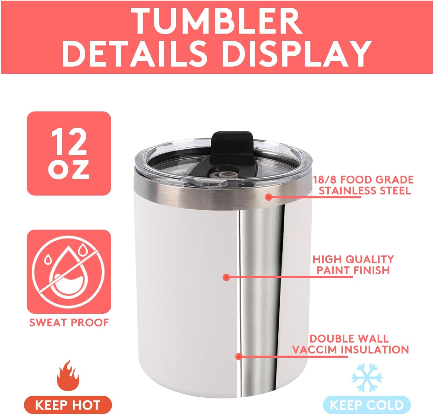 6 Pack 12 Oz Stainless Steel Skinny Tumbler with Splash Proof Lid, Vacuum Insulated Double Wall Thermal Cup, Outdoor Unbreakable Travel Slim Bottle for Hot Cold Drinks - Image 2