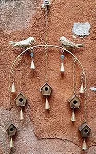 HIGHBIX Hanging Metal Bird Hut Handmade Rustic Vintage Hangings Charming Bells with Jute Bag Wall Hanging Decor (65cm)