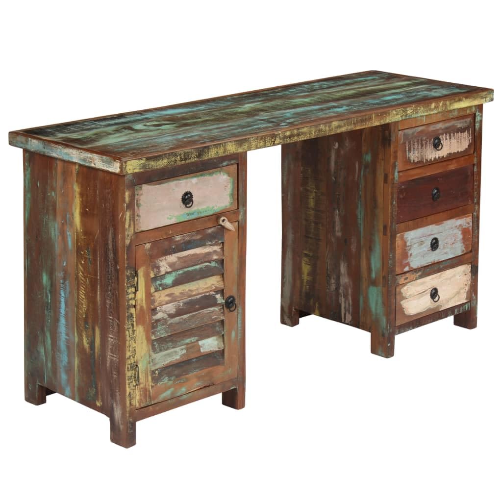 Recycelter Altholz Schreibtisch massiv 140x50x77 cm mit 5 Schubladen und 1 Schrankfach, abnehmbare Schreibtischplatte, Bürotisch für Homeoffice, Ordnung
