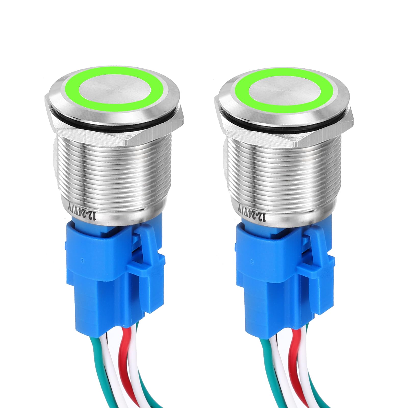 DMiotech 2 Pcs 1/2" Stainless steel Momentary Push Button Switch 4Pin 1NO 3A 12-24V Silver Flat Button Green Ring Lamp with Socket Plug with Wire for Car Boat Systems