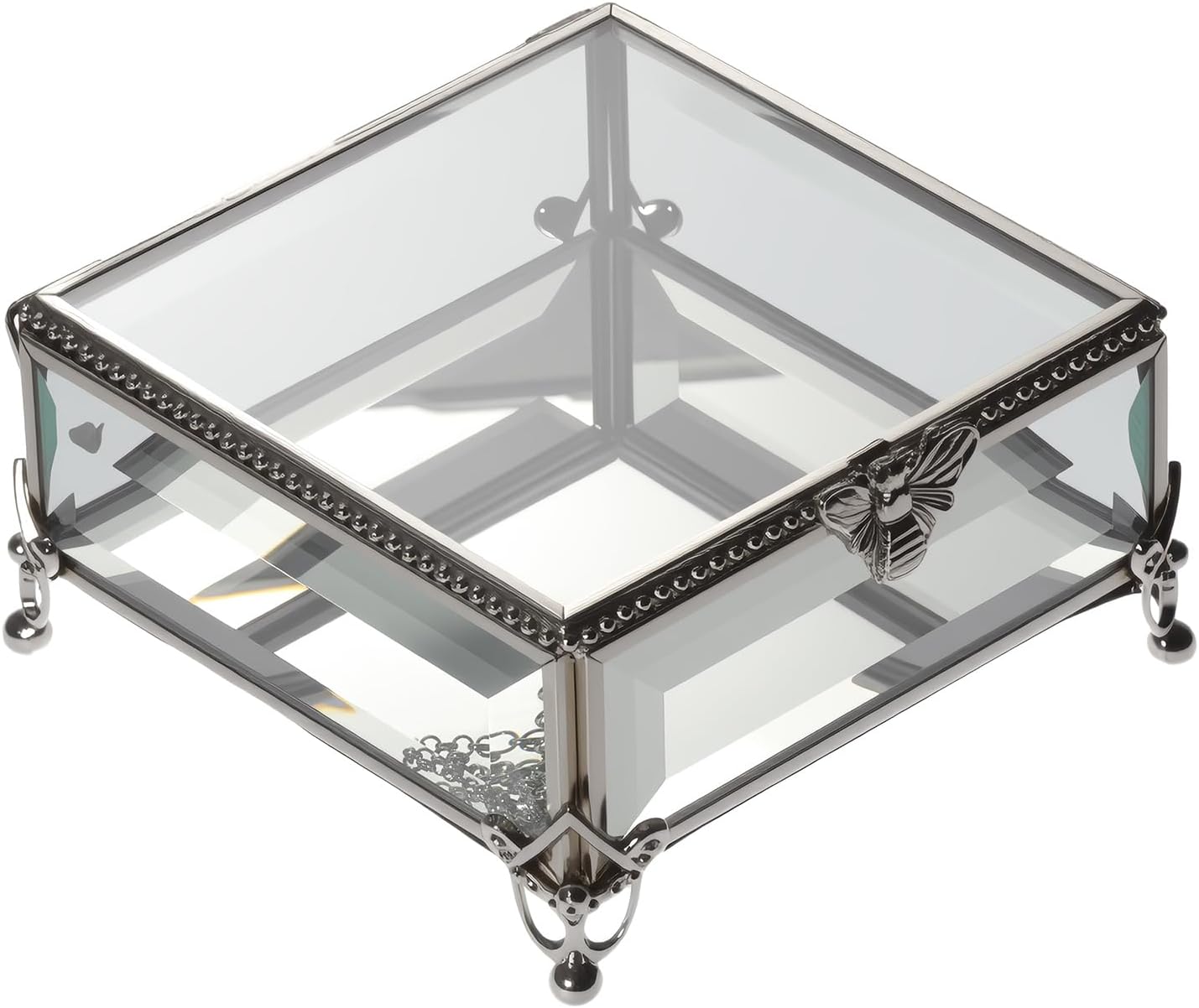 Glass Vintage Jewelry Box Keepsake storage Trinket Ring Display Box Home Decor Beveled Clear Glass Box Organizer(5.2x5.2x2.7Inches)