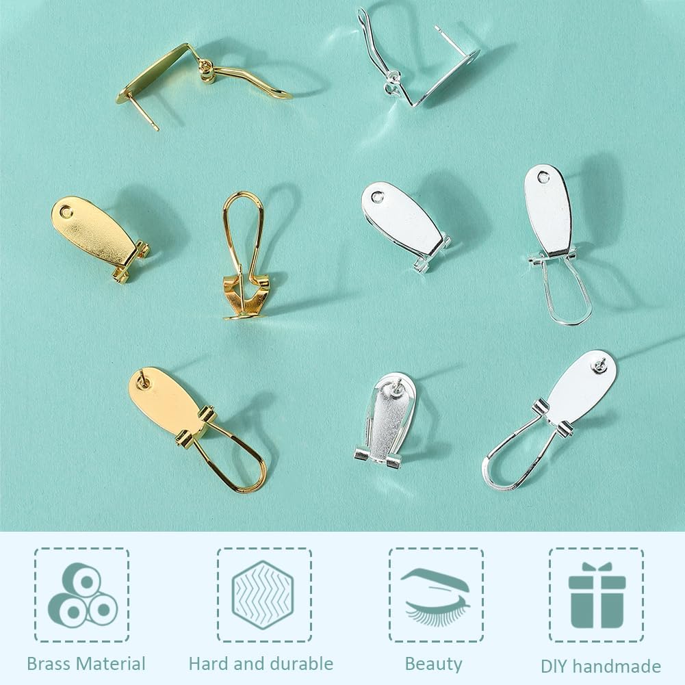 1 Box 32Pcs Clip Earring Posts French Clip Earring Backs Small Gold Fingernail Brass Blank Tray Silver Hoop Base Studs Earring Converter Findings for Jewelry Making Earring Supplies DIY Craft