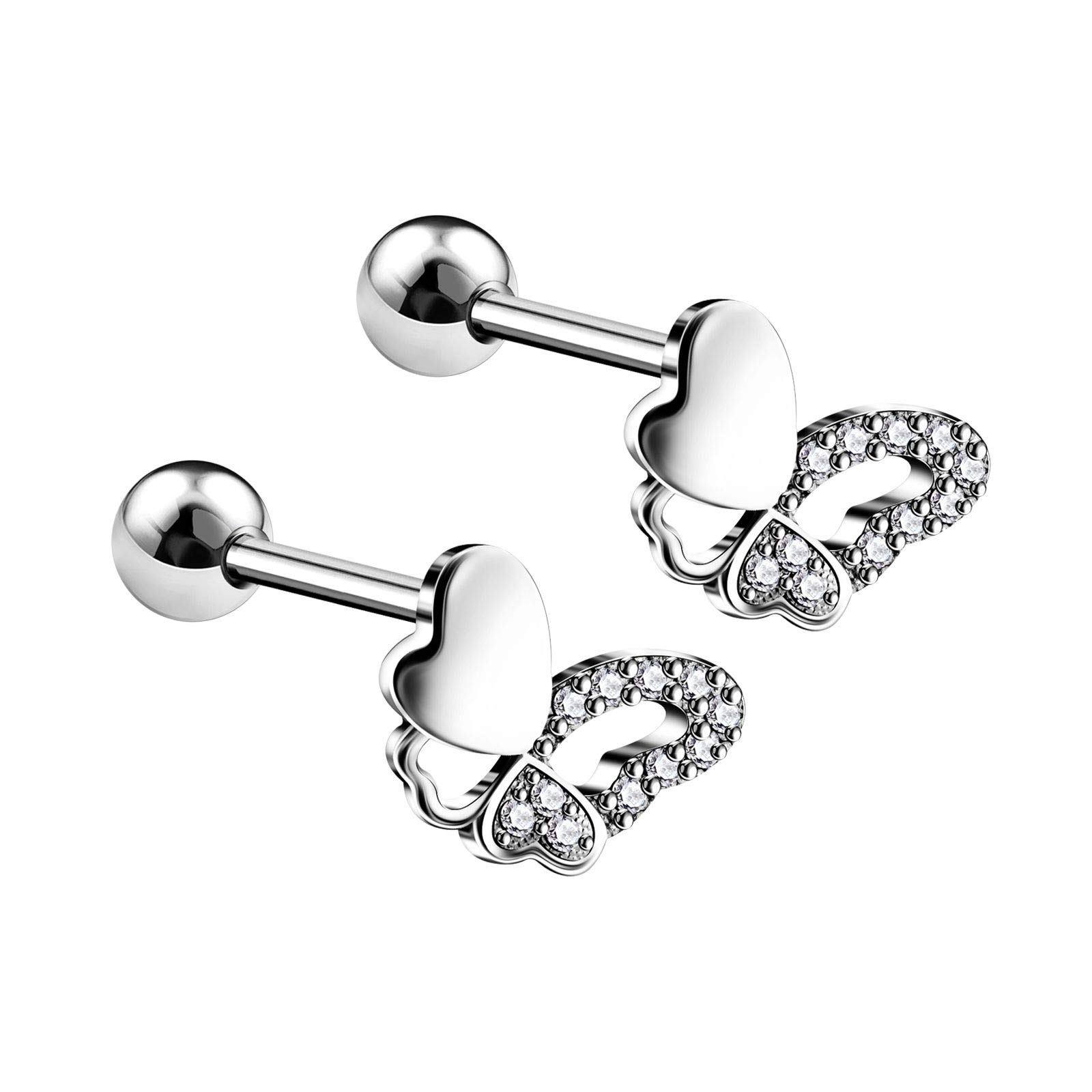 KJM FASHION2PCS Surgical Steel Barbell Earrings Straight Stud 16g 1/4 6mm Tragus Cartilage Helix Earrings Piercing Jewelry More Theme