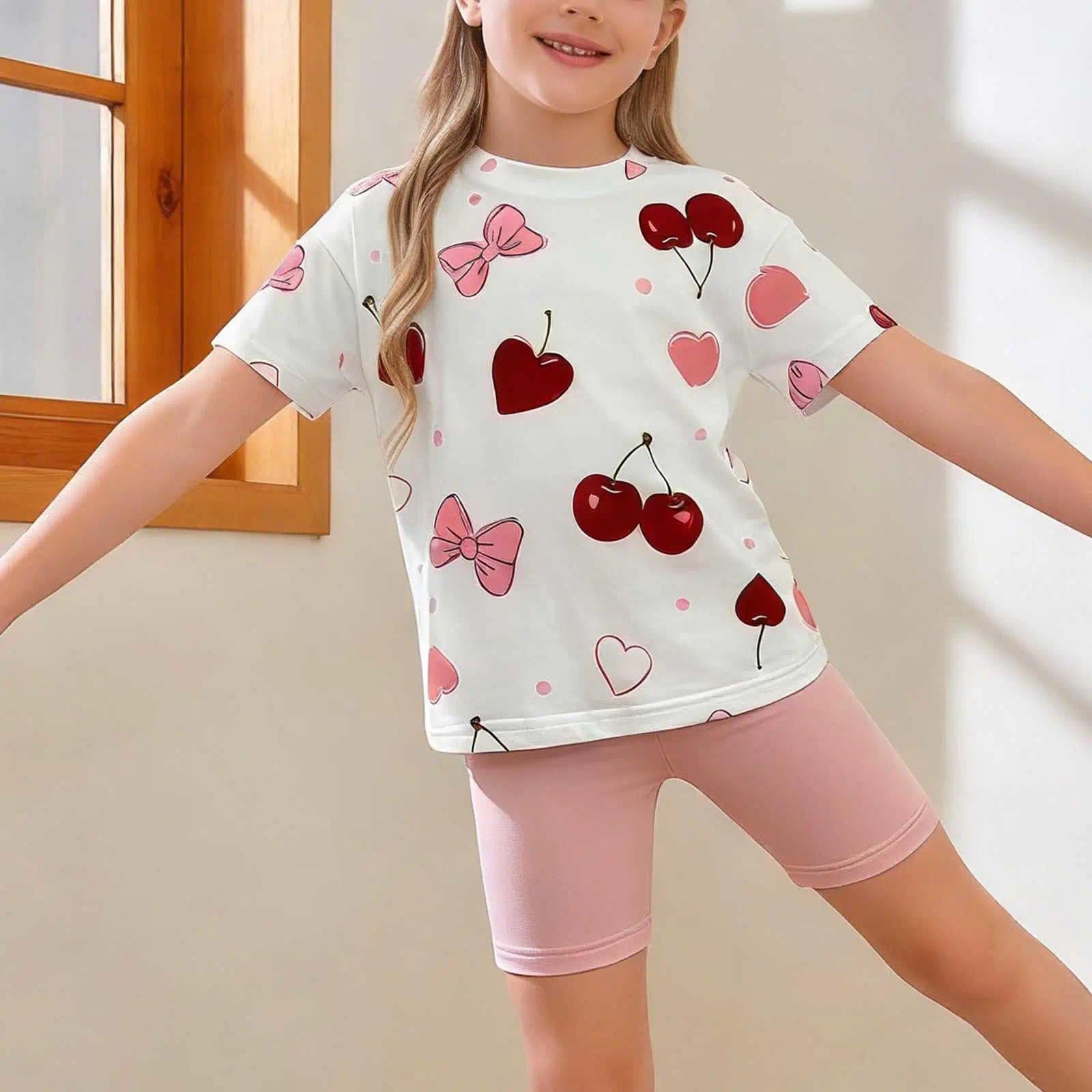 Conjunto de dos piezas de punto para niñas, camiseta de manga corta con cuello redondo y pantalones cortos hasta la rodilla estampados, estilo princesa, casual, verano