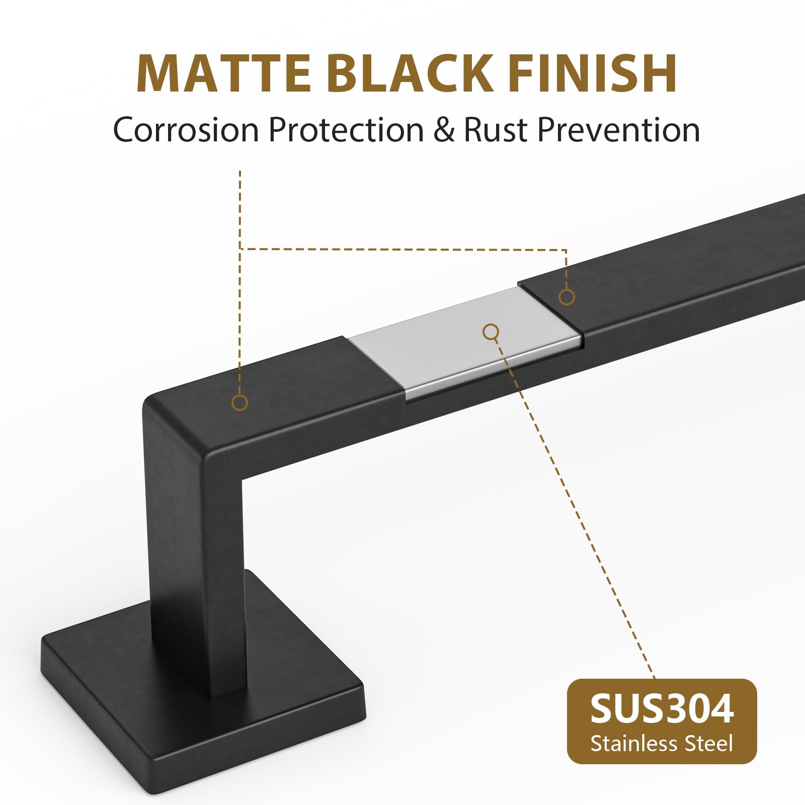 Luxbaro 24 Inch Matte Black Towel Bar, Square Base, Total Length 26-Inch — Amazon image 3
