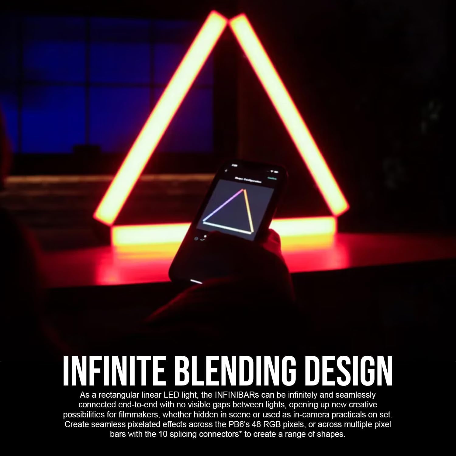 Three Aputure Infinibar PB6 units connected to form a triangular shape, demonstrating creative configuration possibilities.