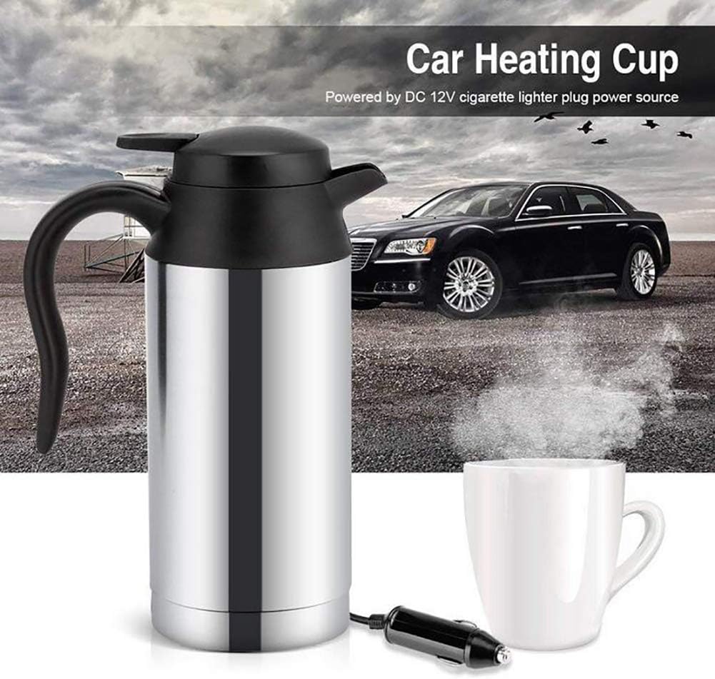 Car Heating Kettle, Portable Stainless Steel Electric Car Kettle Vehicle DC 12/24V Heating Drinking Cup Travel Coffee Mug Water Bottle 750ml (12V,Silver)