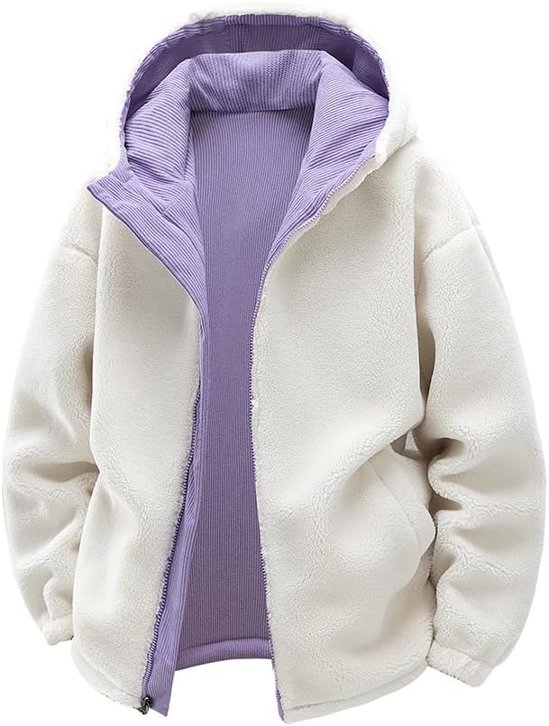 Unisex reversible corduroy winter jacket with warm snow leopard fleece lining