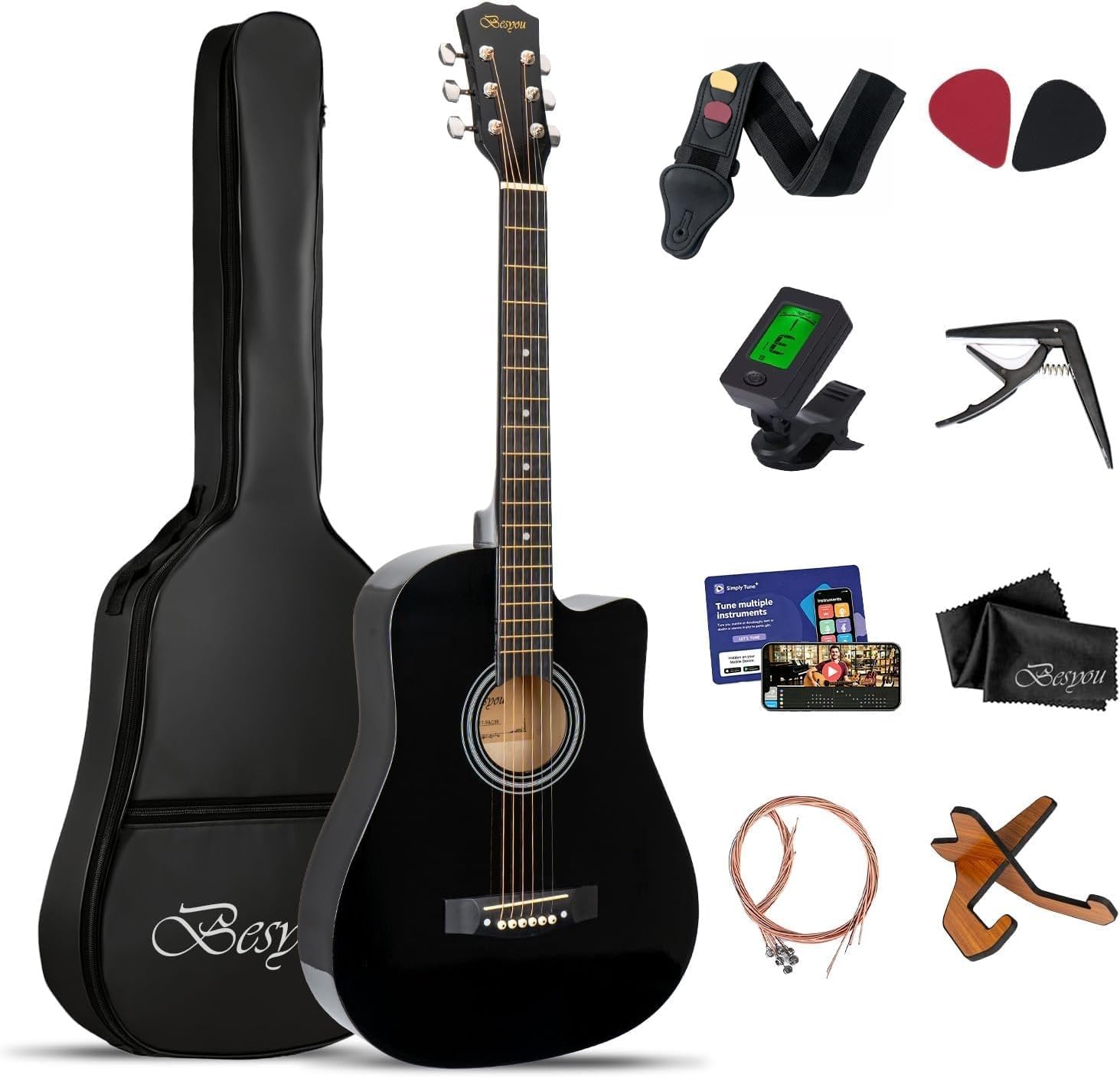 38 inch Black Acoustic Guitar Beginner Kits, 3/4 Cutaway Wood Acustica Guitarra for Beginners Adults with Online Lesson,Gig Bag,Picks,Steel Strings Strap with Picks Holder Black 3/4