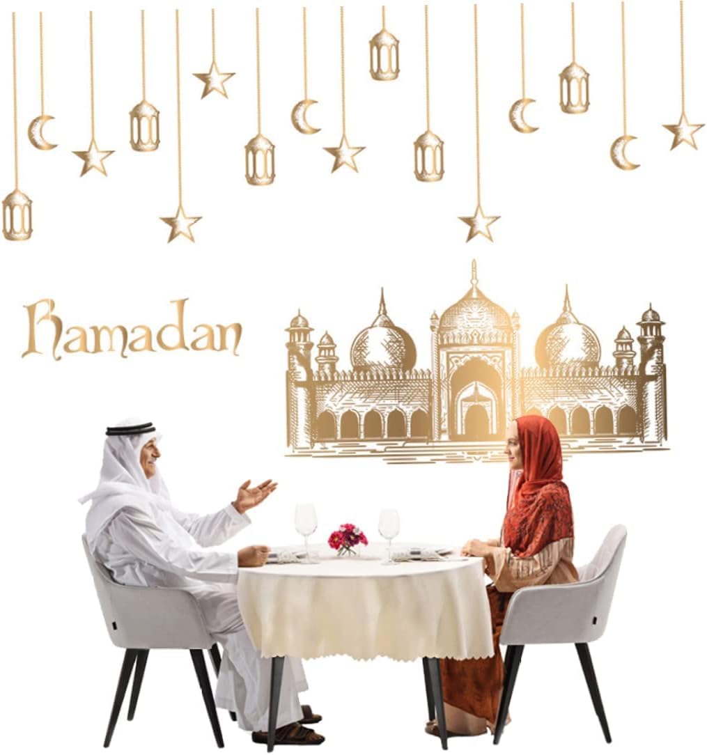 ORCHID M® Ramadan Kareem Wall Stickers Decorations,Wall Decals Stickers Hanging Eid Mubarak Ramadan Lantern Moon Star DIY Window Decor for Home Living Room Bedroom Decorations Wallpaper
