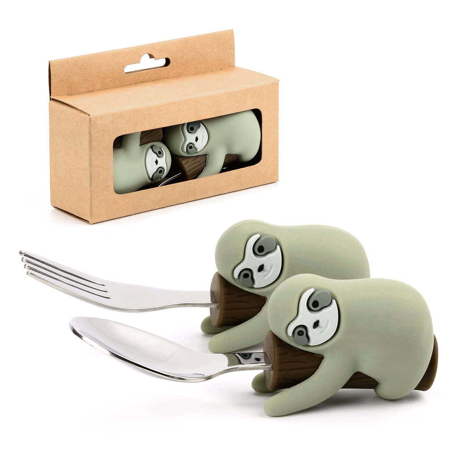 lofcaBaby Fork and Spoon Set with Carry Case Baby Training Utensils Self Feeding Toddler Flatware Set Silicone and Stainless Steel Kids and Toddler Utensil Set (sloth)