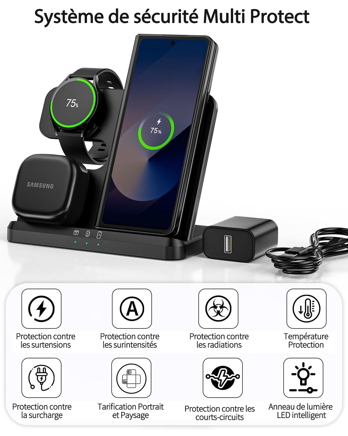 Chargeur sans Fil 3 en 1 pour Samsung S26 S25 S24 S23 Ultra, Station de Charge sans Fil pour S24ultra/S22Ultra/S23/Z Fold4/Flip4, Galaxy Watch8 Classic8/7/6/5/4, Galaxy Buds