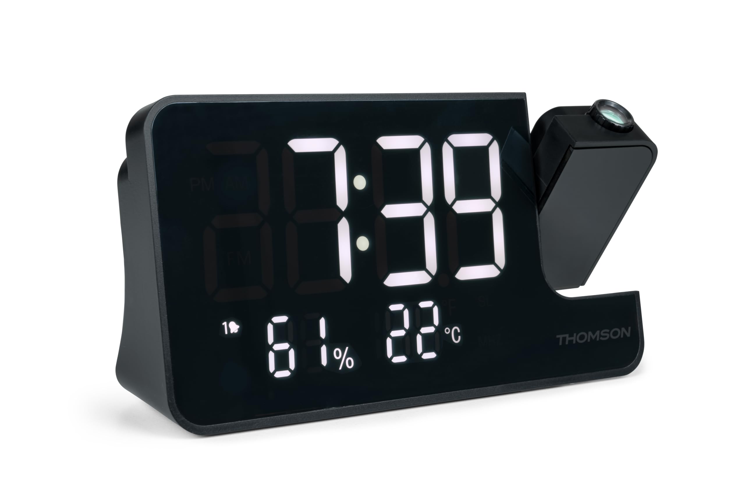 Radio-Réveil avec projection CP100T THOMSON , Indicateur temperature et humidité 20stations Fm mémorisables , sauvegarde de l'heure sur batterie