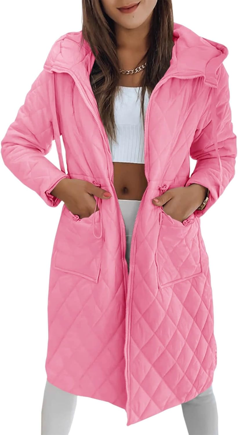 Imily Bela Womens Long Quilted Puffer Jacket Lightweight Zip Up Hooded Drawstring Winter Coats Outerwear with Pockets