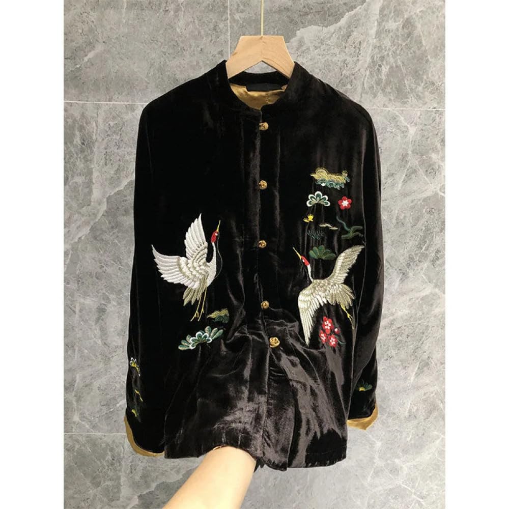Chaqueta de Primavera de Estilo Chino para Mujer - Abrigo de Terciopelo Negro con Bordado Chino Chaquetas Informales Sueltas de Moda de Estilo Chino para Mujer Tops Ropa Étnica Vintage para Muje