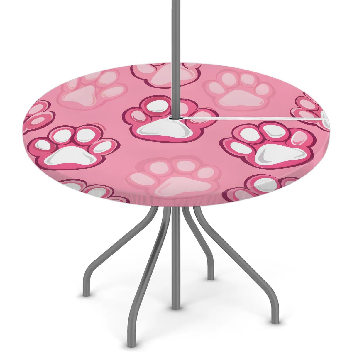 Tablerazzi Cat Dog Paw Round Outdoor Tablecloth with Umbrella Hole and Zipper Cute Paw Print Fitted Tablecloth Wipeable Table Cloth for Picnic Garden, 36''-44''