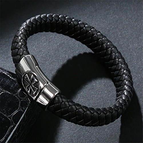 LiFashion LF Mens Stainless Steel Genuine Braided Leather Wristband Knights Templar Malta Christ Cross Leather Cuff Bracelet Bangle for Him Christian Holy Jewelry,20cm
