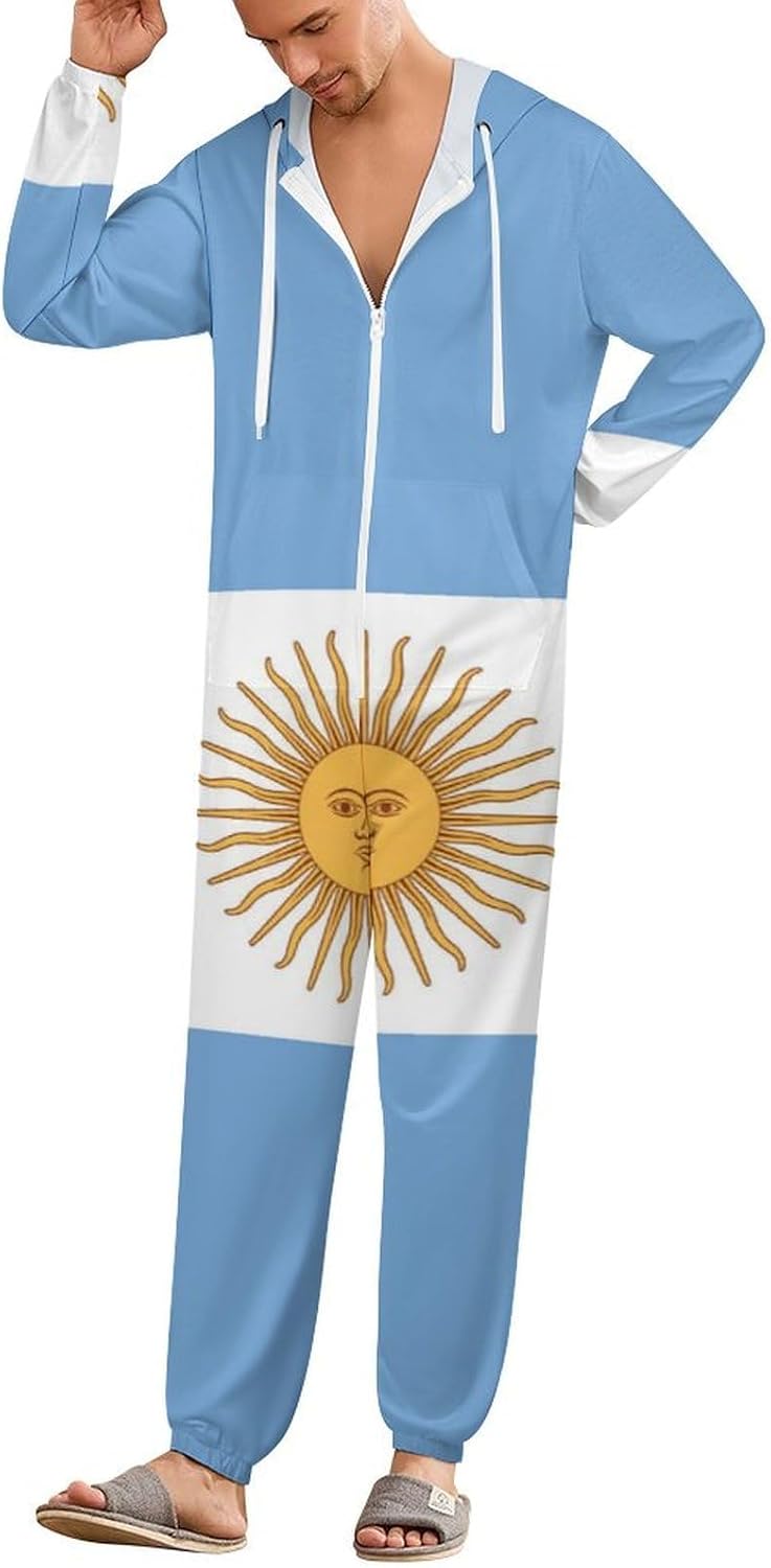 Argentina Flag Adult Pajamas Onesie with Hood Pocket Jumpsuits One Piece Sleepwear