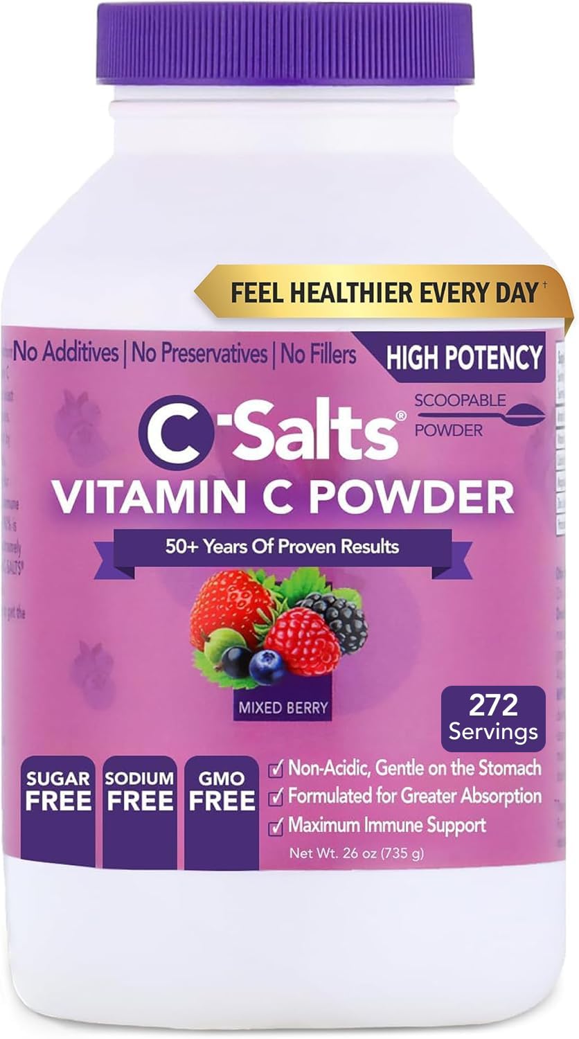 C-Salts Vitamin C Powder - 100% Pure Buffered Ascorbic Acid Powder for Daily Immune Support - Stomach-Friendly Organic Vegan Non-GMO Sugar-Free - 272 Servings 4000mg Per Serving - Mixed Berry, 26oz