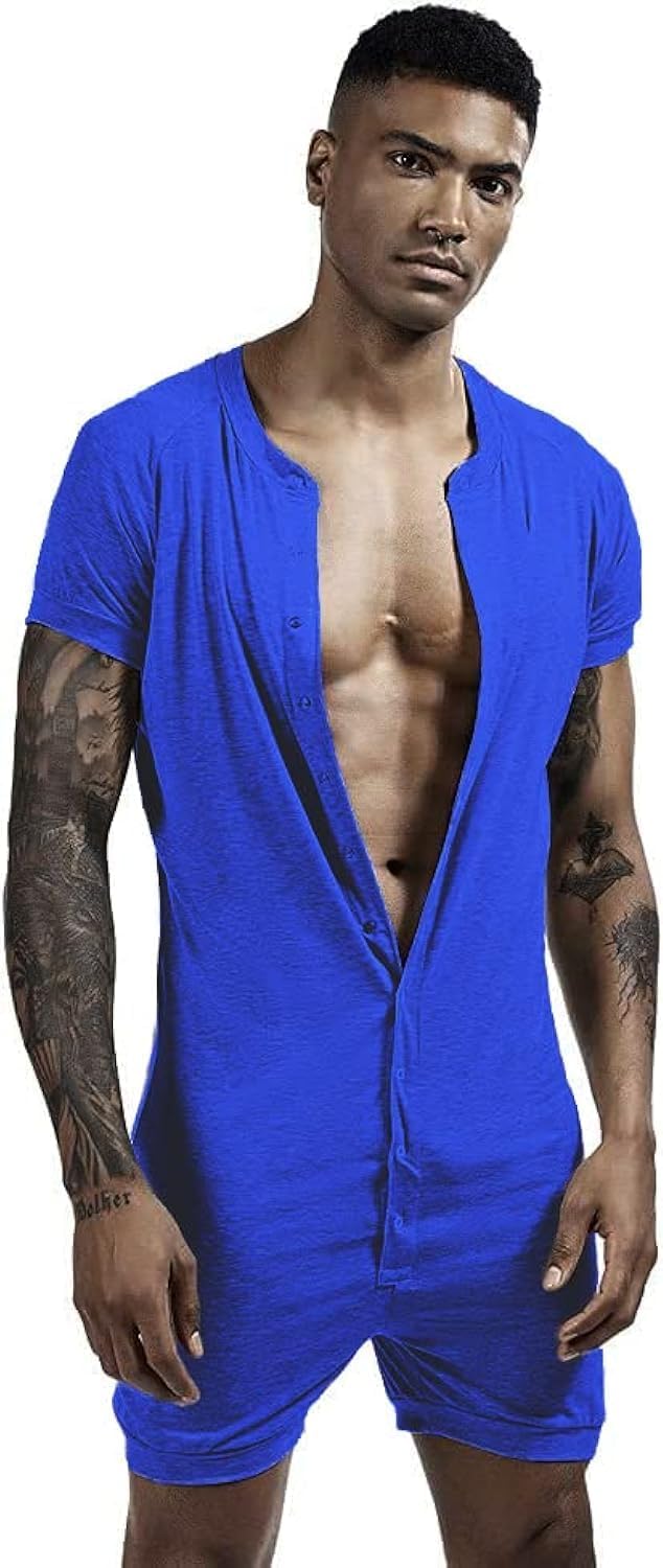 Mens Short Sleeve Onesie Henley Jumpsuit Pajamas Stretchy Cotton One Piece Garment