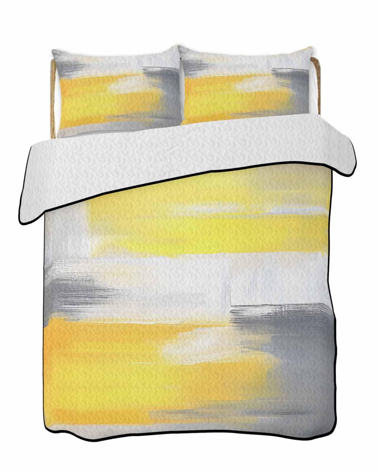 Reversible Down Alternative Comforter Quilted, Abstract Grey Yellow Oil Painting Art Duvet Insert Lightweight Soft Bedspread Throw Blankets WatercolorColor Gradient for All Seasons Bed Sofa Decor
