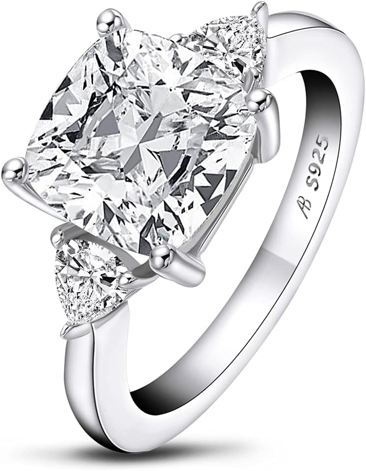 AINUOSHIEngagement Ring, 5.5-6 Carats Cushion/Radiant Cut, 925 Sterling Silver, Sona Diamond Cubic Zirconia CZ 3-Stone, Anniversary Wedding Ring, Christmas Gift, Jewelry Box Packed