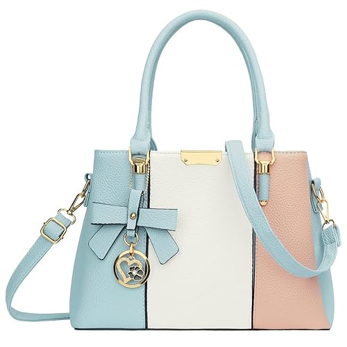 KKXIU 3 Zippered Compartments Purses and Handbags for Women Top Handle Satchel Shoulder Ladies Bags - A-blue White Pink