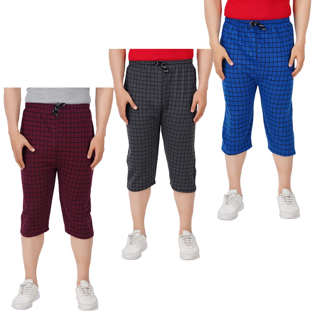 SR CREATIONS Men's Cotton Checkered Bermuda Three Fourth Capri Combo Free Size (Pack of 3)-image-24