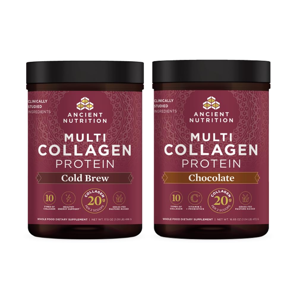 Ancient Nutrition Multi Collagen Peptides Protein Powder, Cold Brew, 40 Servings + Multi Collagen Peptides Protein Powder, Chocolate, 40 Servings