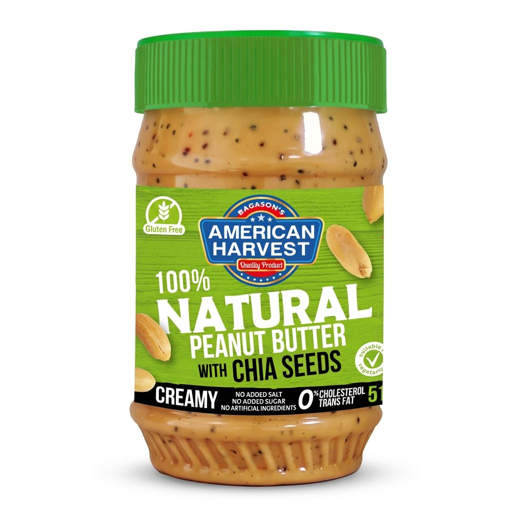 American Harvest 100% Natural Peanut Butter Creamy With Chia Seeds No Added Sugar/Sweetener Salt, 510 Gm