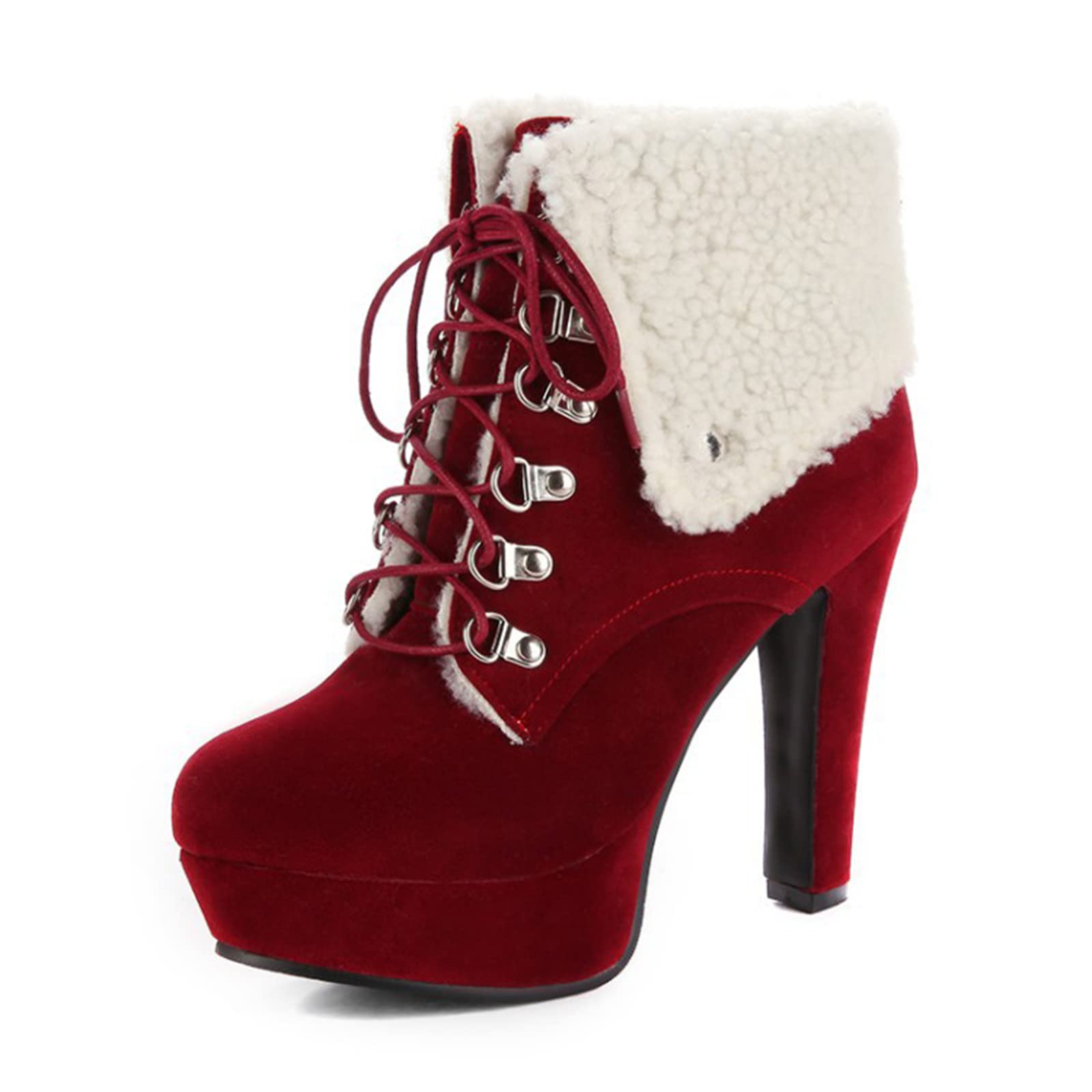 Bottes de 12 cm, bottes à lacets en fourrure à revers pour femmes, bottes à talon super haut, tube court et épais, bottes nude à talon rouge, 35
