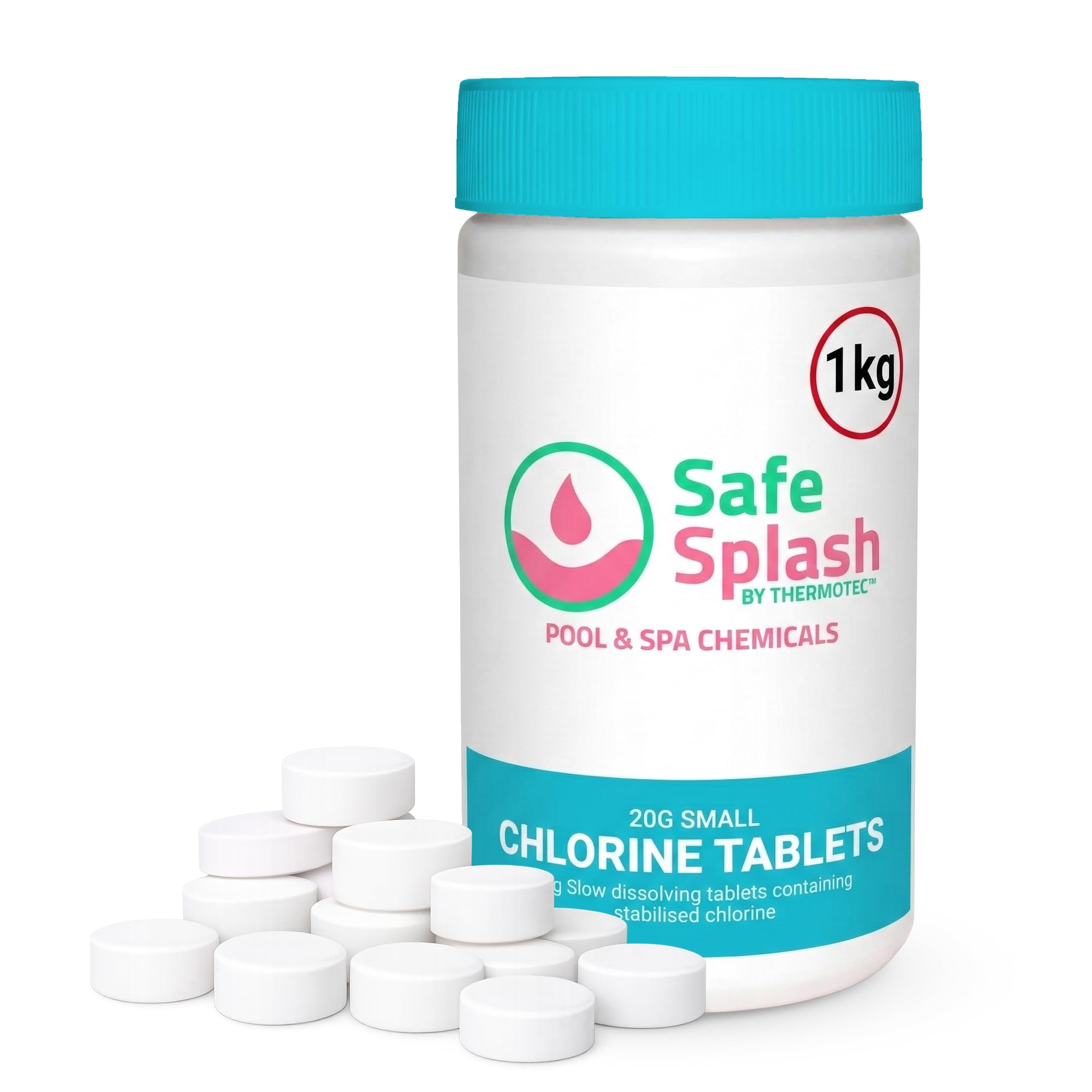 Safe Splash Chlorine Tablets 1kg - Stabilised Slow Release Spa & Hot Tub Chlorine Tablets, Pool Cleaning Tablets for Clear Water, Sanitise & Maintenance, Use in Floating Dispenser - 50 x tablets