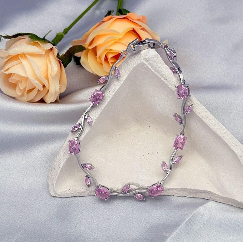 Image of Korean Anti Tarnish Trendy Tulip Bracelet for Women | Pink Stone Floral Design | Silver Tone Elegant Bracelet