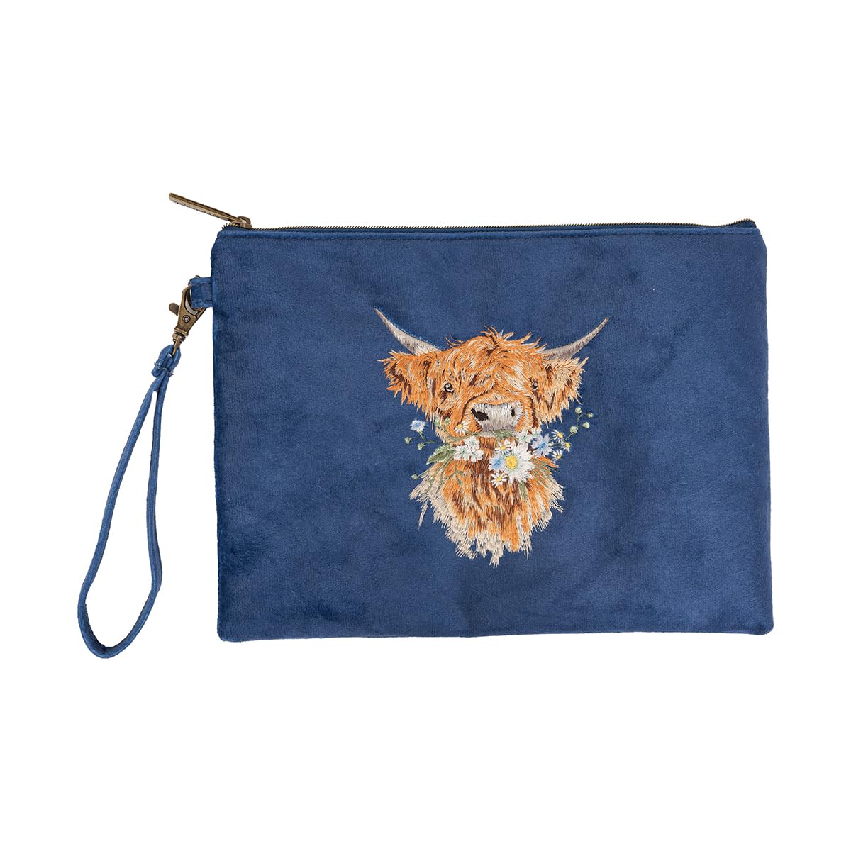 Wrendale Designs by Hannah Dale 'Daisy Coo' Highland Cow Embroidered Pouch, Navy