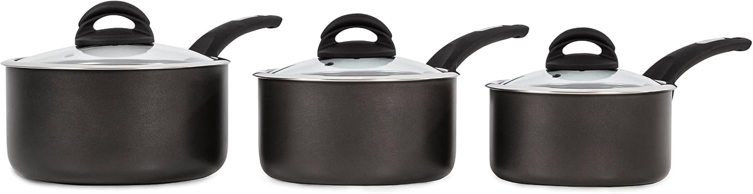 Tower Cerasure Non Stick Saucepans Sets With Lids, Stay Cool Handles, Graphite, 3 Piece Set, 16/18/20 cm