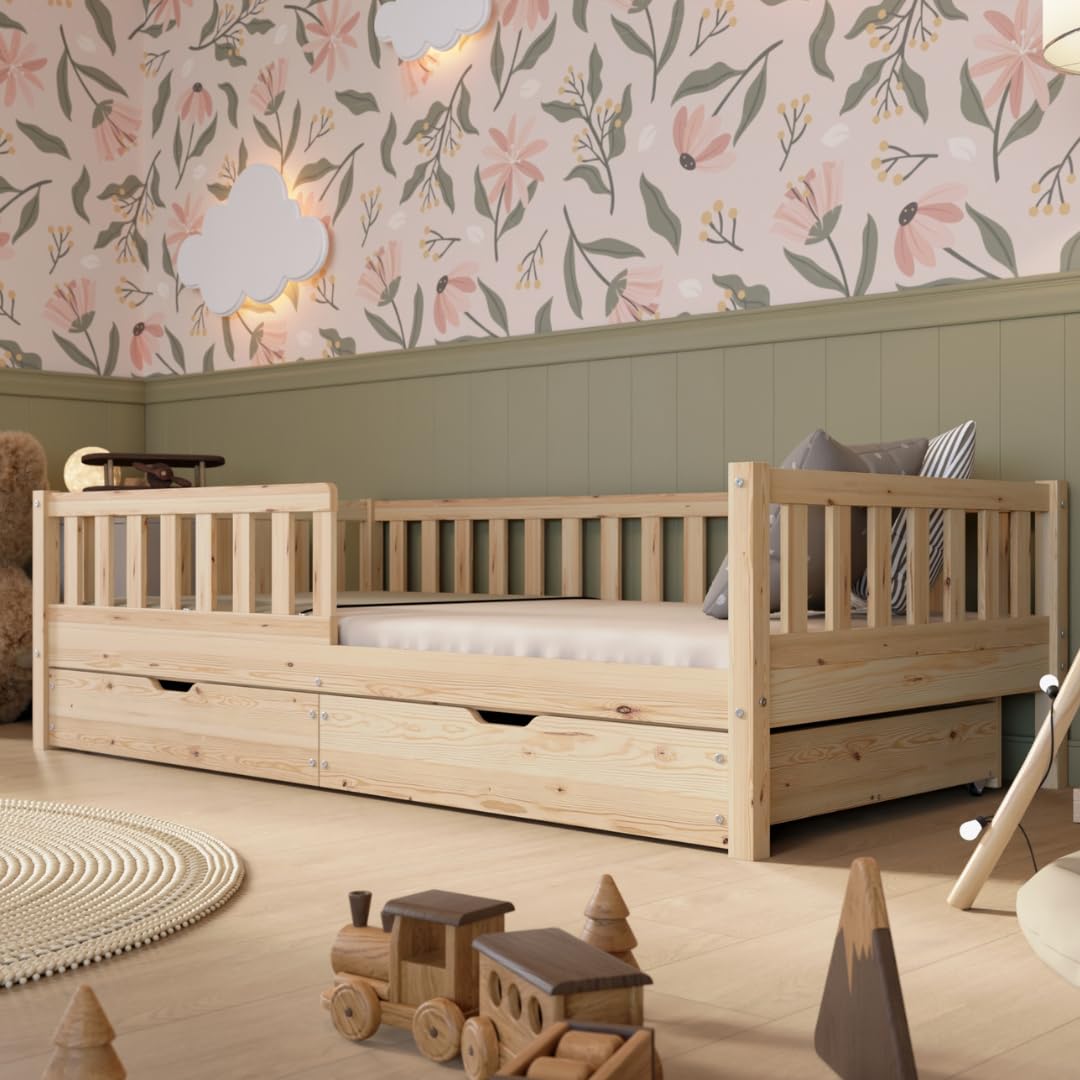 Cama Montessori 190x90 cm - Cama Infantil Fácil de Montar - Camas Infantiles Segura niños y niñas - con Protección contra Caídas - Madera Natural con Cajones