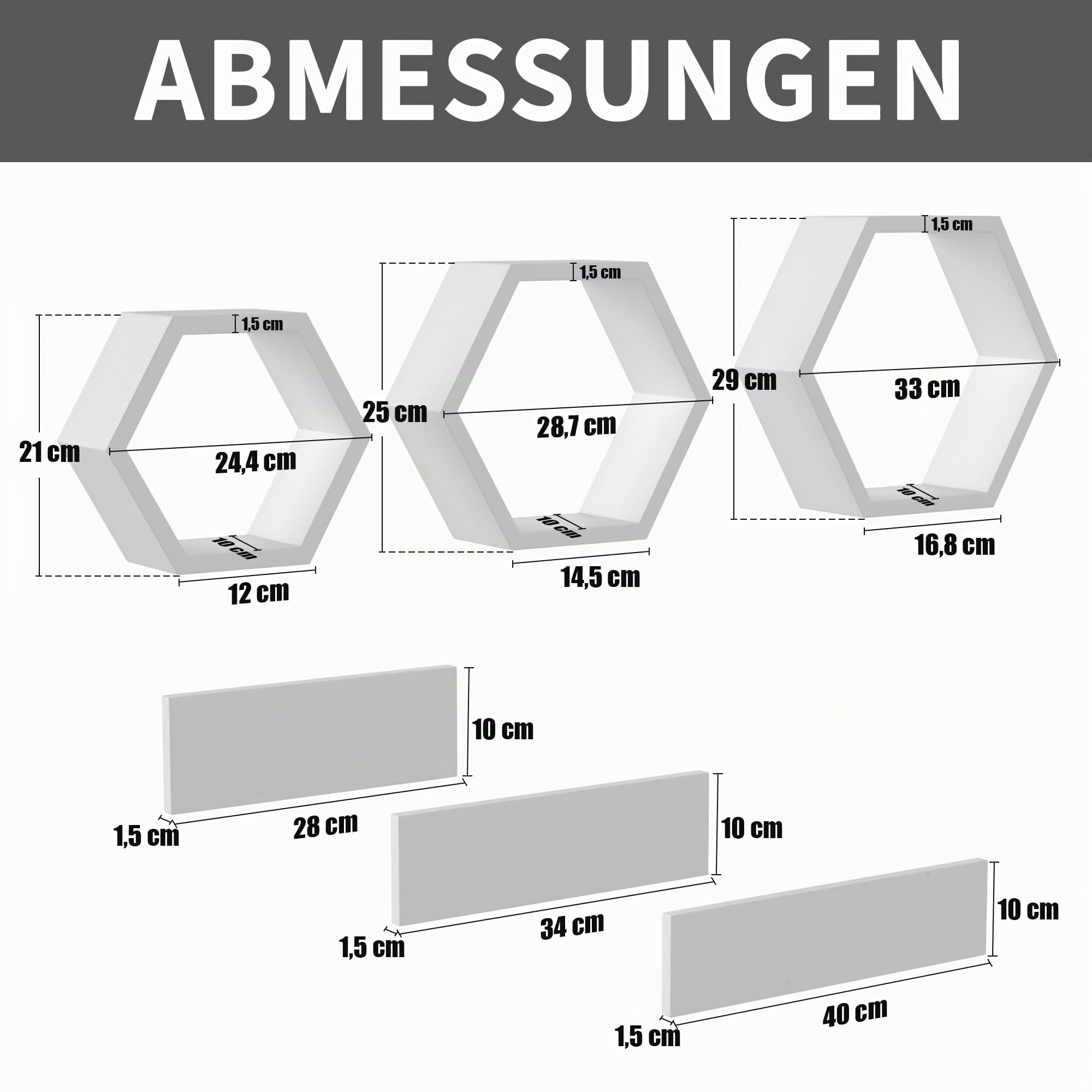 Weiße Sechseckige Schwebende Holz-Wandregale, 6er-Set Massivholz Hängeregal zur Dekoration & Aufbewahrung, Modernes Wabenregal für Wohnzimmer, Schlafzimmer, Badezimmer, Küche und Büro
