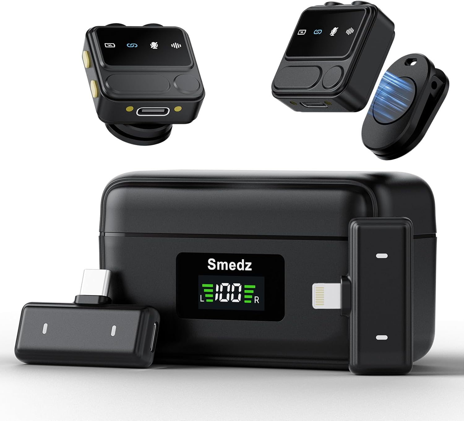 Smedz Wireless Microphone for iPhone/iPAD/Android/PC(Lightning/USB C)– AI Noise Cancelling & Reverb,80H with Charging Case,48kHz/24-bit,Mini Microphone for TikTok, YouTube Vlog,Range 164FT