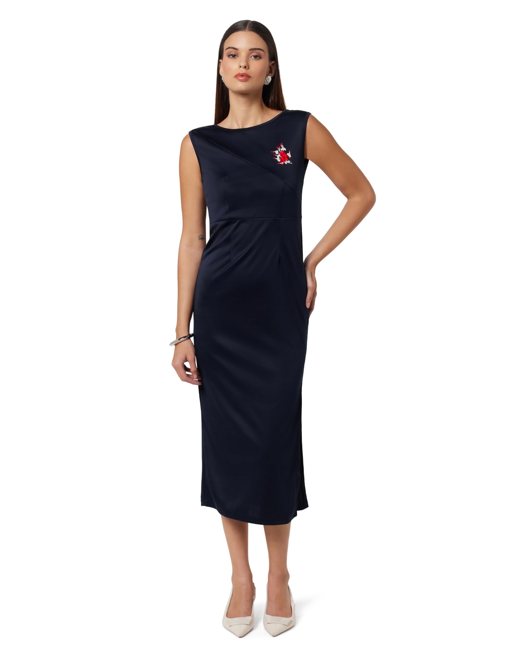zima leto Women’s Navy Cotton Blend Knitted Bodycon Dress | Sleeveless Boat Neck Slim Fit Calf Length Style with Embroidered Patch | Stylish Winter Casual Dress for Women Ideal for Anniversary-picture-41