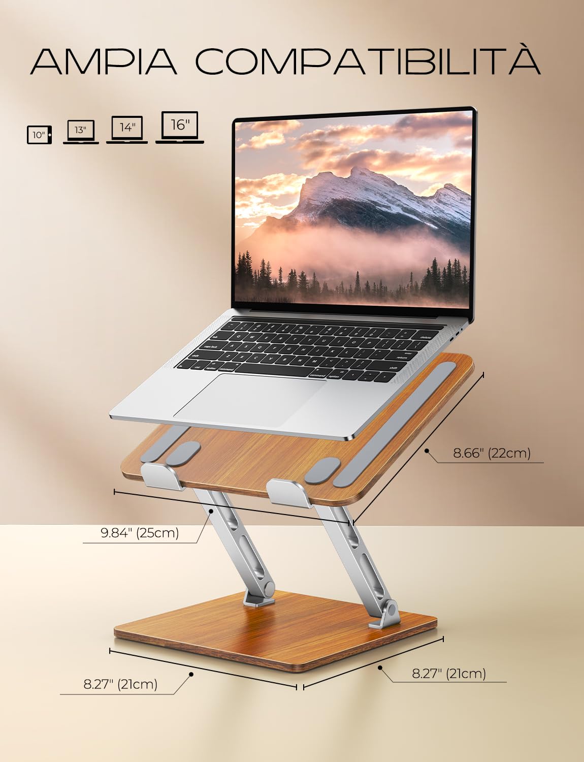 CIRYCASE Supporto PC Portatile Ergonomico, Laptop Stand Legno & Alluminio Rialzo PC Scrivania Doppia Barra, Regolabile Altezza Pieghevole, Supporti Libri da Cucina Compatibile con MacBook B28 10-16"