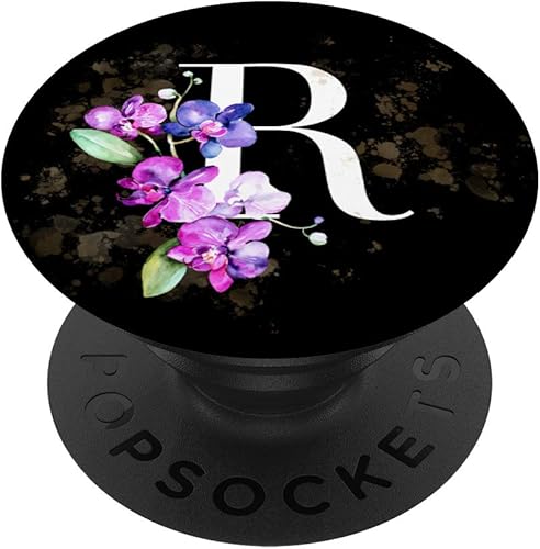 Orchids Plants Flower Floral Arrangement Black Letter R PopSockets - Soporte para teléfonos y tabletas, Negro