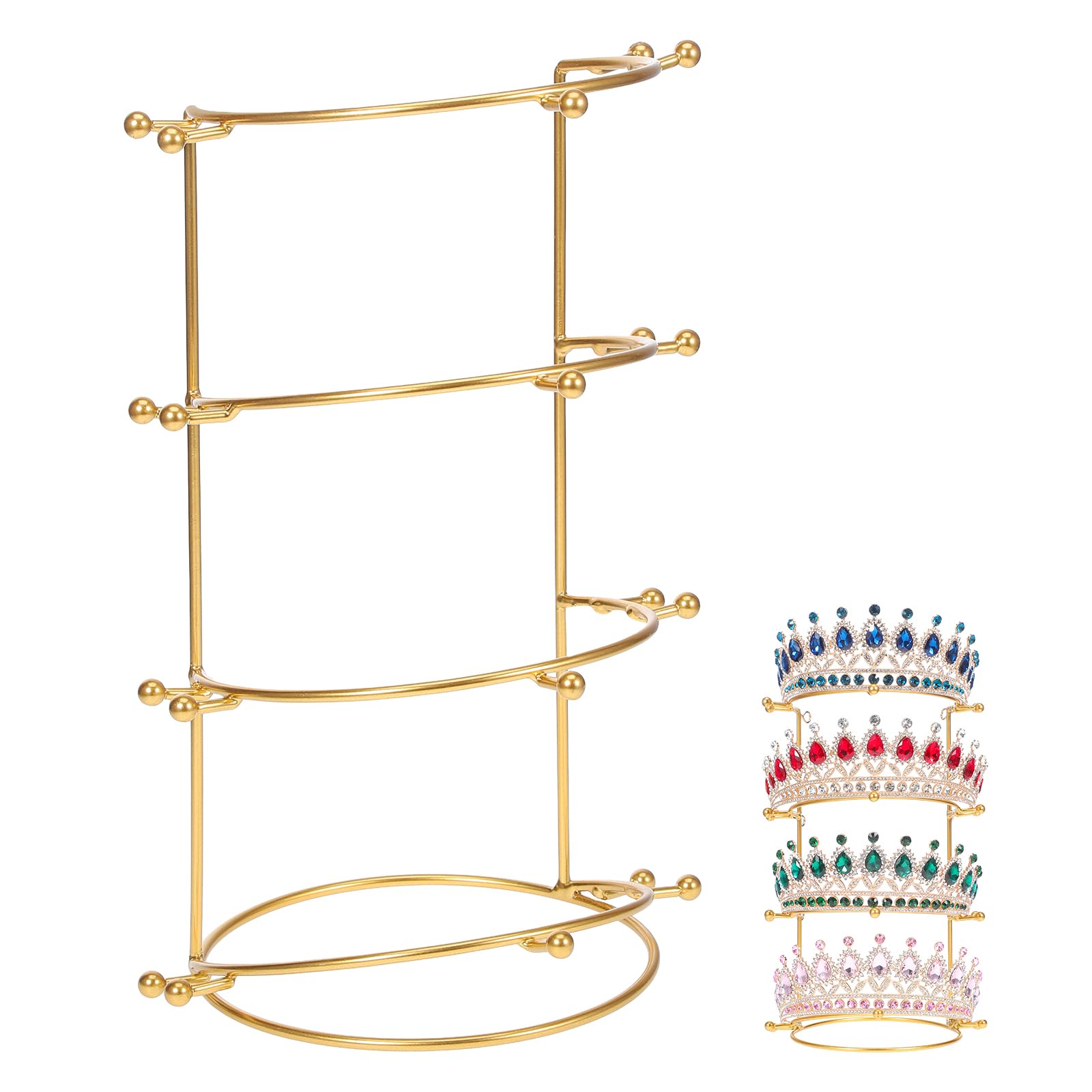 CALLARON Crown Display Stand, Jewelry Organizer Stand 4-Layer, Metal Necklace Display Holder, Vintage Headband Display, Gold Headdress Storage Rack Display for Crown Hairband Necklace Jewelry