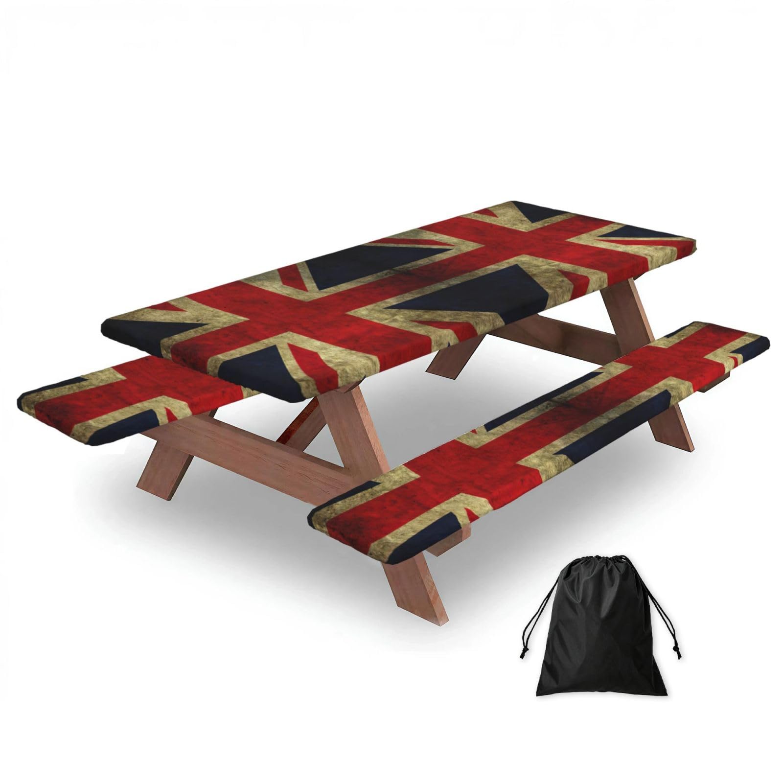 Zyjhyy Black British Flag Print Party Table Covers With Bench Covers Set Of 3 Picnic Table Cloth Wipe Clean For Garden Camping