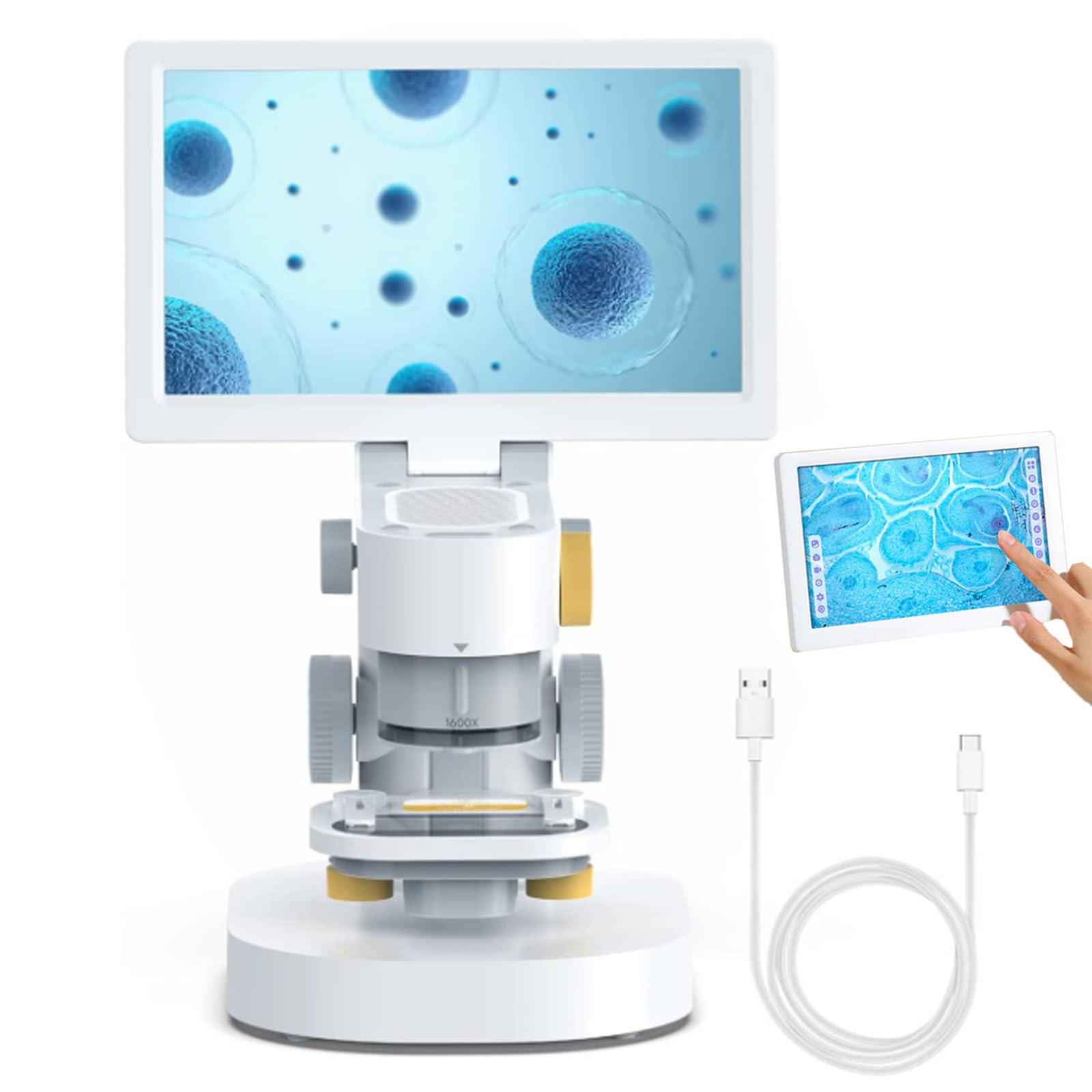 Microscopio Biologico Digitale con Touchscreen da 9", Obiettivi Ottici 1200x, Microscopio A Moneta 1080p per Monete di Errore-Touch Screen- -3 Set di Lenti/Doppia Illuminazione A LED,White