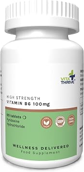 VitaThrive  Vitamin B6 100mg Tablets   High Strength Pyridoxine Hydrochloride Supplement for Energy, Hormonal Regulation & Immune Support   Vegan Vitamin B6 Tablets for Men & Women   90 Tablets