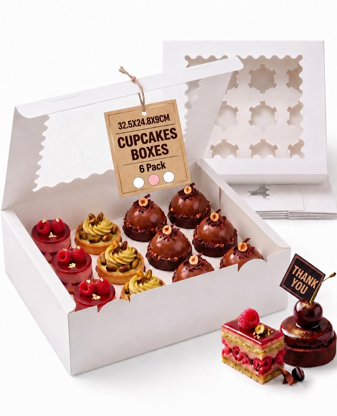 Vesmiga 6 Pack 12-Hole Cupcake Boxes with Clear Window | Removable Inserts | 12.8"x9.7"x3.5" (32.5x24.5x9cm), Sturdy White Bakery Carrier for Cupcakes & Pastries | Weddings, Birthdays & Graduations