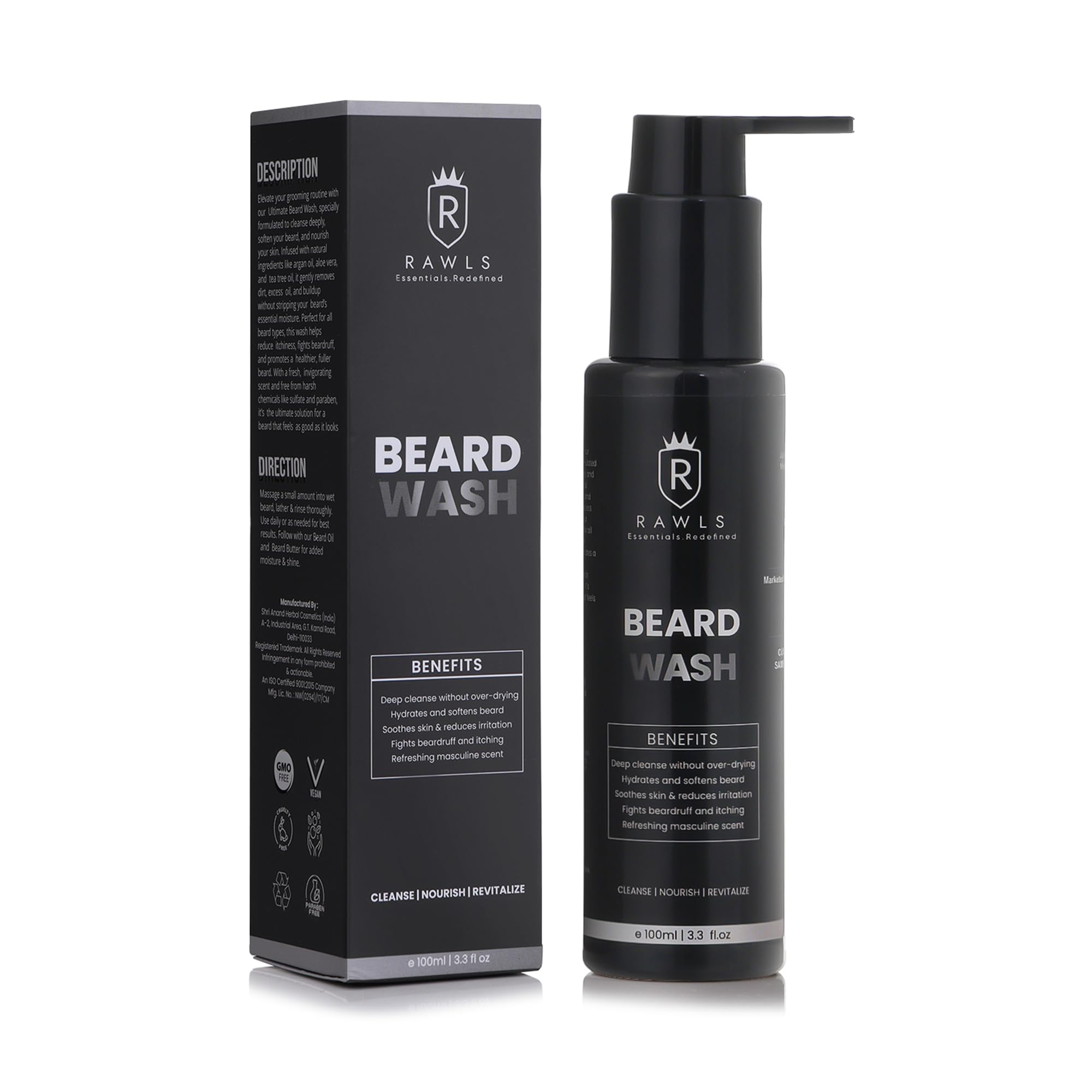 RAWLS Beard Wash for Men,100ml Organic Tea Tree, Aloe Vera & Rosehip Oil Hydrating, Anti-Dandruff Shampoo for Sensitive Skin, Soft Beard & Healthy Growth 100ml