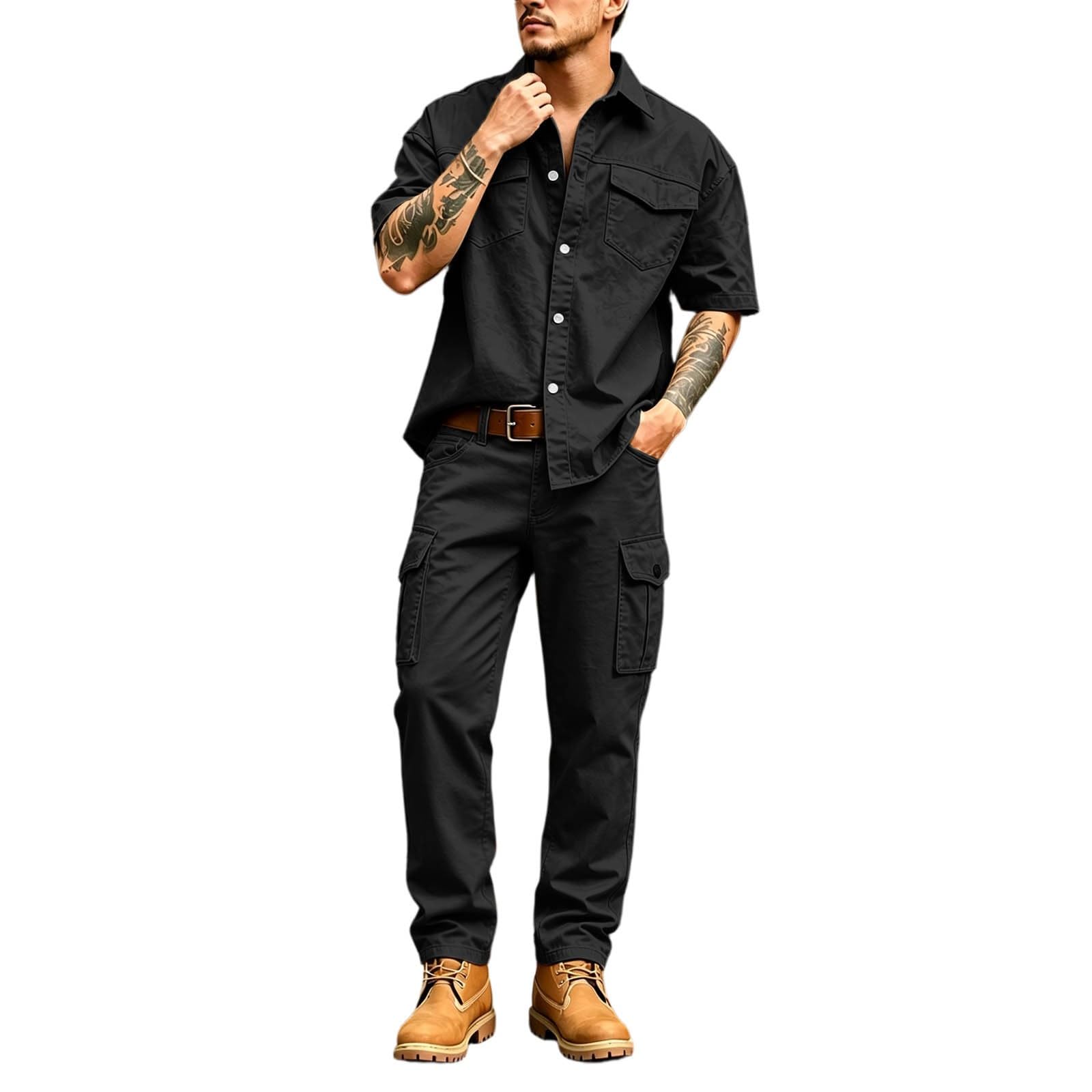 Tuta da jogging da uomo, pantaloni cargo corti | Camicia da lavoro da uomo con abbottonatura, multitasche, robusta, per giardinaggio, fai da te, all'aperto, leggera e comoda