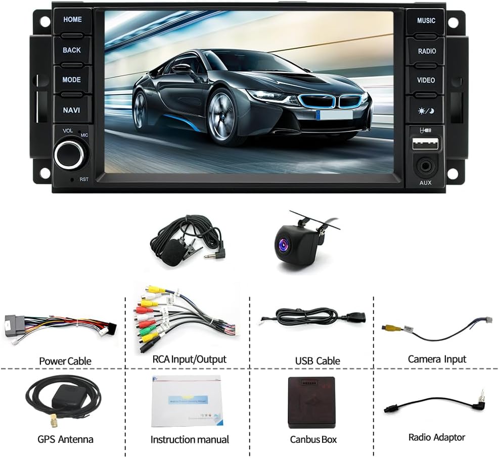 Image showing all components included in the package: the head unit, power cable, RCA cables, USB cables, camera input cable, GPS antenna, instruction manual, Canbus box, and radio adaptor.