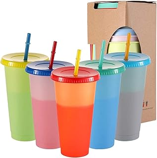 AUMA Color Changing Cups Set Cooler 24oz Reusable Plastic Cold Drink Cups with Lids and Straws for Adults Straws in Bright Colors, 5 Iced Coffee Cup, Smoothie Cups Tumbler with Lids and Straws